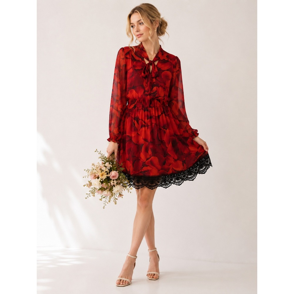 NY & Co Red Floral Dress‎ Chiffon Lace Trim Romantic Coquette Whimsigoth Size L